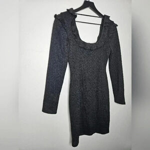 19 Cooper Long Sleeve Riffled Neck Textured Fitted Dress in Black XS